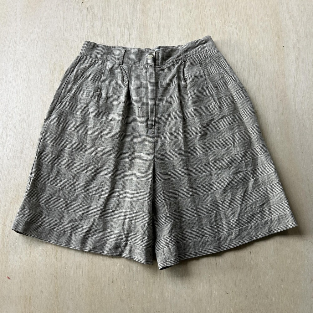 Vintage 90s Izod Club Plaid Linen Shorts Womens 6 28W Gray Summer Golf